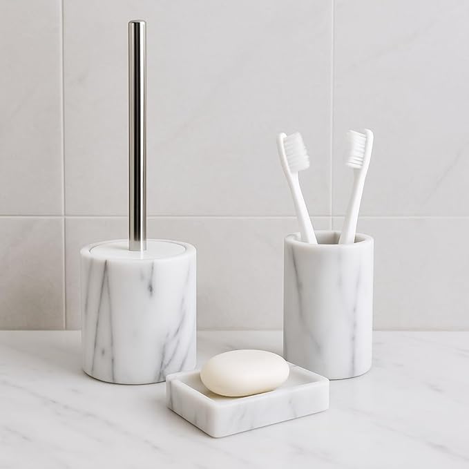 Creative Home Natural Marble Toilet Ball Brush and Holder Set with Silicone Cover Compact Storage Scrubbing Brush for Bathroom Cleaning, 4.3" Diam. x 14.5" H, Off-White