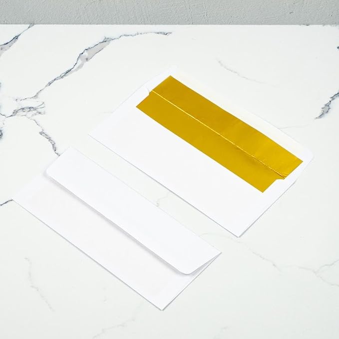 LUXPaper #10 Foil Lined Business Envelopes | Peel & Press | 4 1/8" x 9 1/2" | White w/Gold LUX Lining | 60lb. Text | 50 Qty
