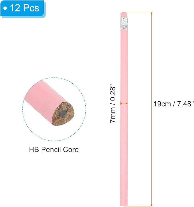 PATIKIL Round Pencils, 12 Pack Triangle HB Graphite Pencil Woodcase Wooden Pencils with Eraser for Classroom Office Writing Drawing Supplies, Pink