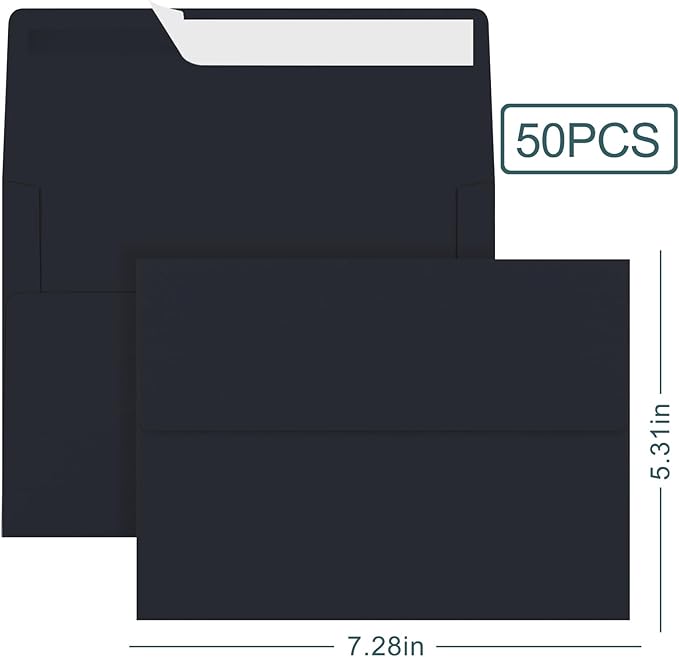 50 Pack 5x7 Envelopes - Navy Blue Self Seal Printable Envelopes for Invitations, Baby Showers, Birthdays, Weddings, Postcards, Mailing, Greeting Cards