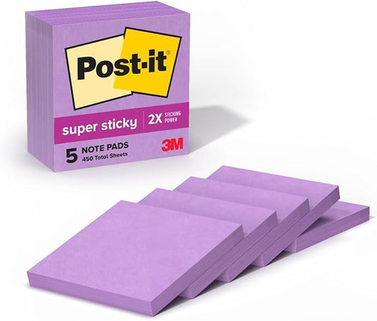 Post-it Super Sticky Notes, 5 Sticky Note Pads, 3 x 3 in., School Supplies, Office Products, Sticky Notes for Vertical Surfaces, Monitors, Walls and Windows, Purple Iris
