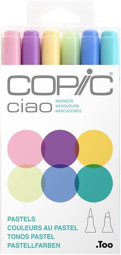 Copic Ciao Pastel Alcohol Markers 6 Colors Dual Brush Tip Art Marker for Adults/Teen Artists & Creators, Permanent Blendable Sketch Markers for Coloring Drawing & Illustration Art - Pastel Color Set