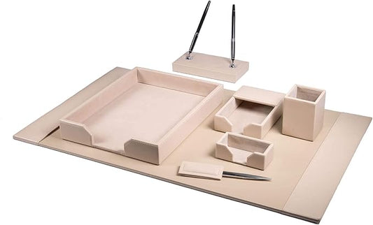 Dacasso Bonded Set Luxury Leather Desk Pad & Desk Organization Essentials, 7 Piece, White Latte