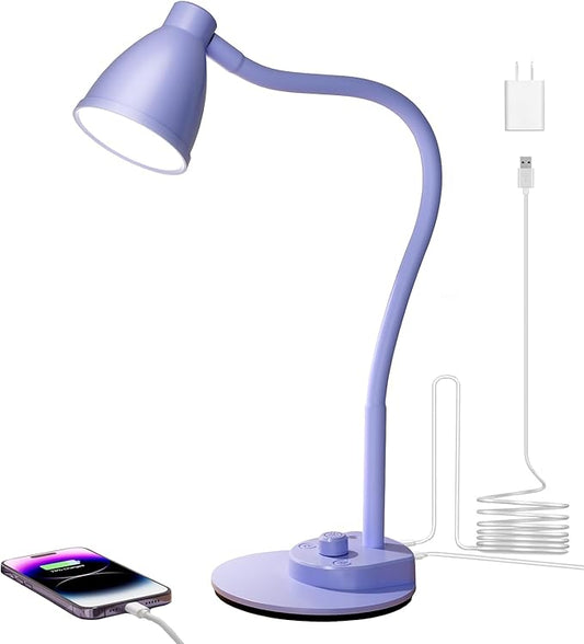 BOHON LED Desk Lamp with USB Charging Port, 3 Color Modes Fully Dimmable Reading Lamp, Auto Dimming Task Lamp, Flexible Gooseneck Table Light for Office Dorm Bedside, Adapter Include, Lilac Purple