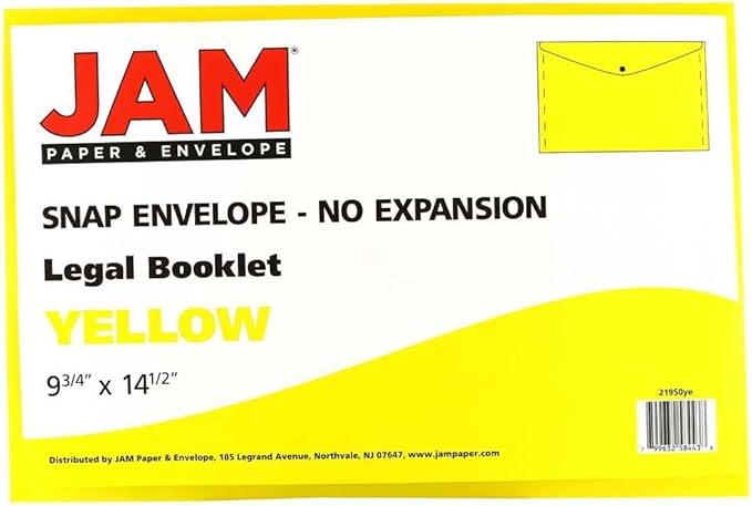 JAM PAPER Plastic Envelopes with Snap Closure - Legal Booklet - 9 3/4 x 14 1/2 - Yellow - 3/Pack