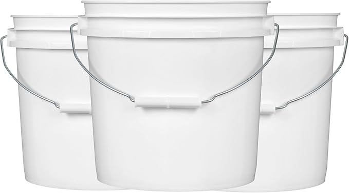 House Naturals 2 Gallon White Bucket with Screw on Lid - Pack of 3 Made in USA contrainers (White Buckets with Orange Lids)