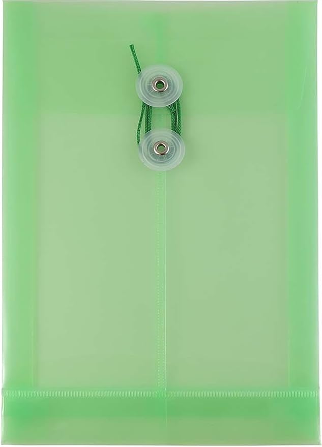 JAM PAPER Plastic Envelopes with Button & String Tie Closure - 6 1/4 x 9 1/4 - Green - 3/Pack