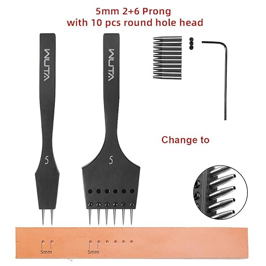 WUTA Removable Circle Leather Hole Punch Lacing Stitching Professional Working Hand Tool Kit Round Hole Puncher Craft Chisel Cutting Punches Kits 2nd Generation 5mm-(2+6)