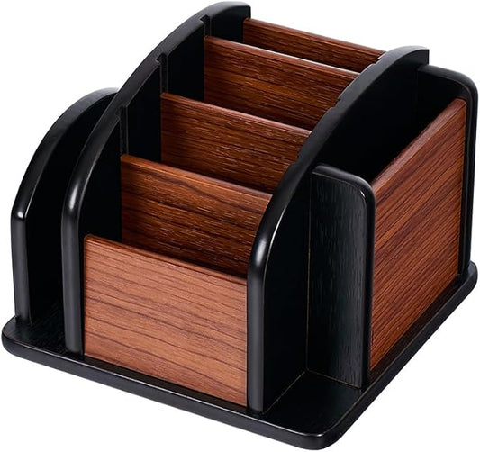 Wooden Desk Organizer with 6 Compartments, Remote Control Holder, Office Storage Caddy, Black and Brown Desk Organizer for Office Supplies
