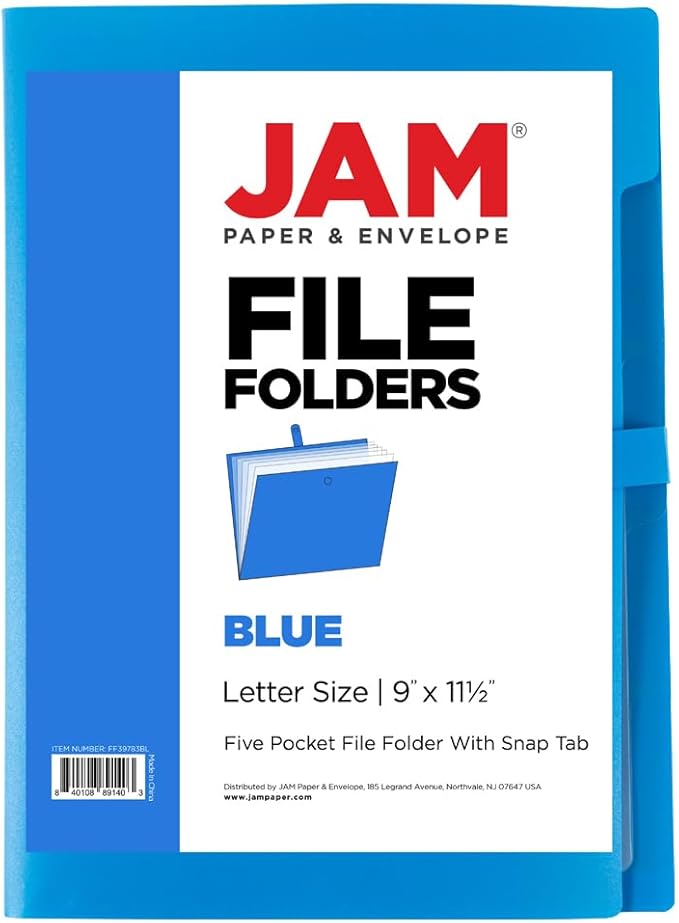 JAM PAPER Slim Expanding File Folder - 5 Pocket Plastic File Folder – Snap Closure - 9 x 11 1/2 - Blue - Sold Individually