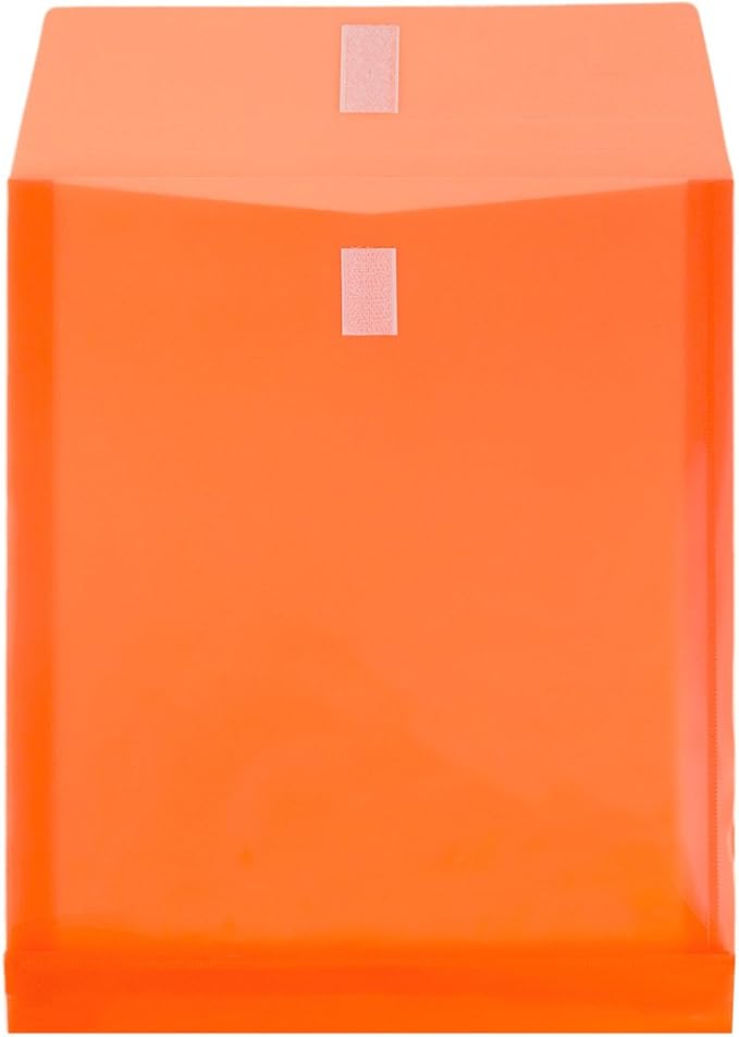 JAM PAPER Plastic Expansion Envelopes with Hook & Loop Closure - Letter Open End - 9 3/4 x 11 3/4 with 1 Inch Expansion - Orange - 12/Pack