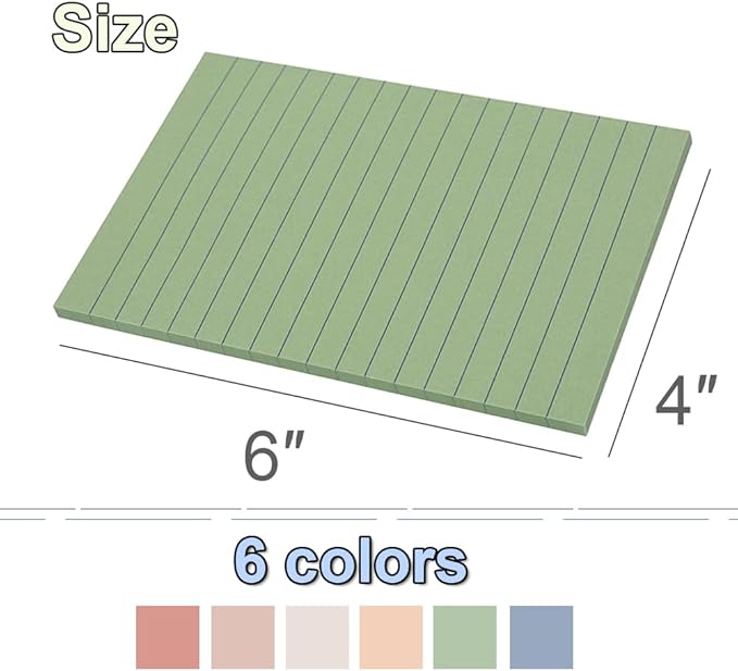 (6 Pack) Lined Sticky Notes 4x6 in Ruled Stickies Super Sticking Power Memo Pads Vintage Colors