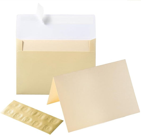Wishop 50 Pack Shiny Self-Adhesive Envelopes with Shiny Fold Cards for Wedding Invitations, Greeting Cards, Baby Shower, Letter Mailing (Cream Color, 5x7)