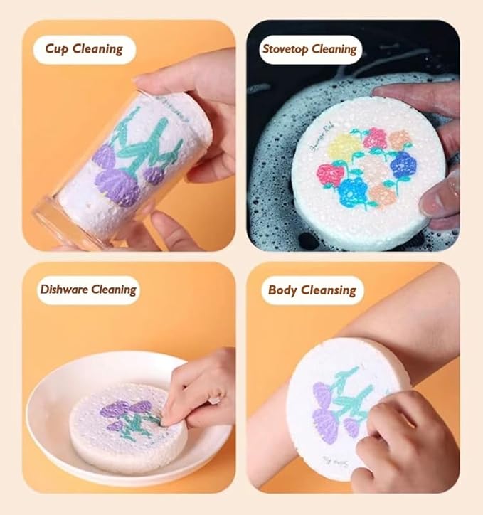 Flower-Shaped Wood Pulp Sponge Scrubber, sponges Kitchen– Dual-Sided Natural Dish Sponge,sponges for Dishes, Eco-Friendly, Quick-Drying, Gentle on Non-Stick Pans (9.3×1.8cm) (12pcs)