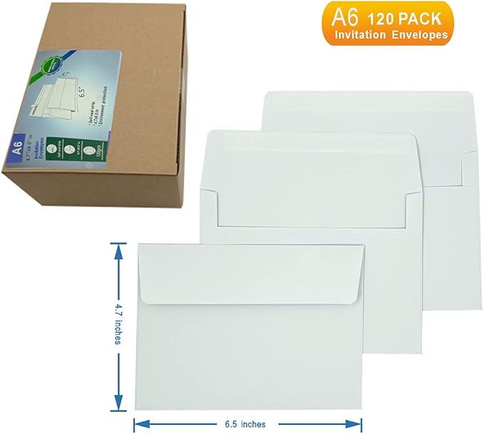 A6 Invitation envelopes（120 PCS 4.7x6.5 in） - windowless design 120GSM white paper envelopes with printabl quick self-seal for invitations, greeting cards, photos invoices