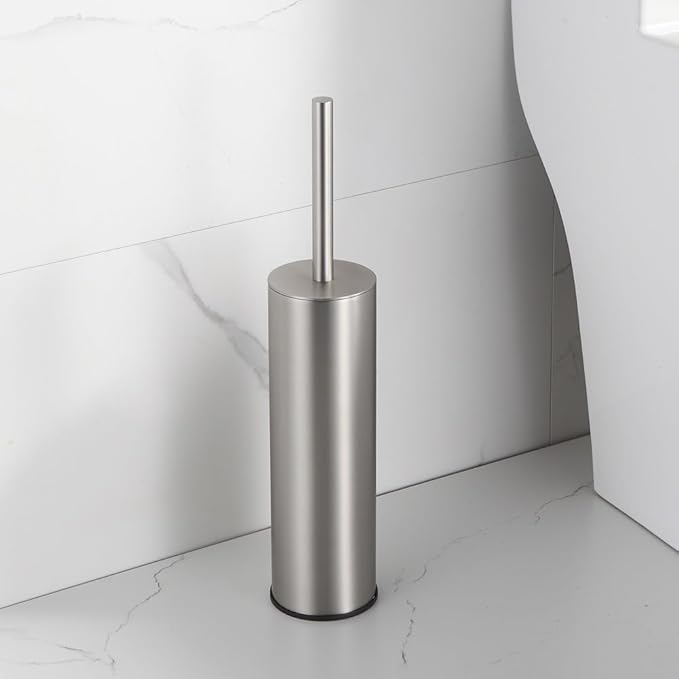 Kelirol Toilet Brush and Holder Set Brushed Nickel Stainless Steel, 304 Heavy Duty Round Toilet Brush Set – Rust Resistant, Long Handle, Replacement Heads, Floor Standing Bathroom Toilet Cleaning