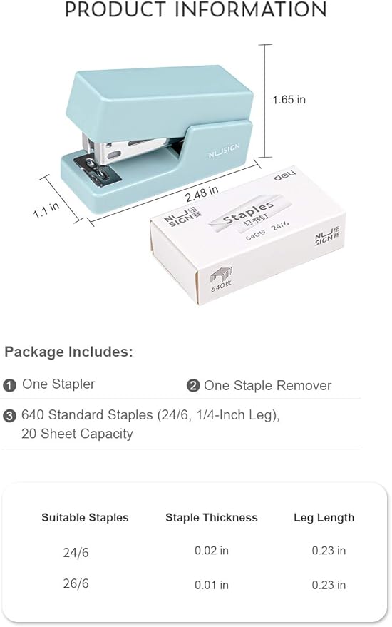 NUSIGN Mini Stapler, 20 Sheet Capacity, Office Desktop Stapler Blue, Includes 640 Standard Staples and A Staple Remover