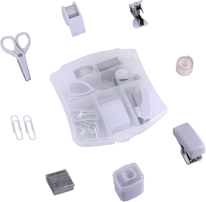 Mini Office Supply Kits – Includes Mini Stapler,Scissors, Staple Remover, Staples, Tape Dispenser (White)