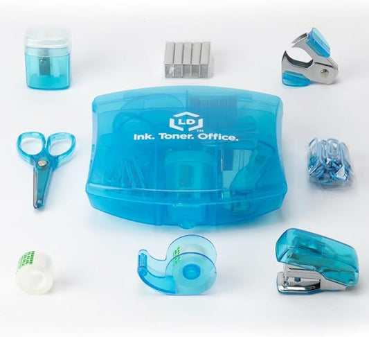 LD Products Blue Mini Office Supply Kit Portable Case with Scissors, Paper Clips, Tape Dispenser Set, Pencil Sharpener, Mini Stapler with Staples and Staple Remover