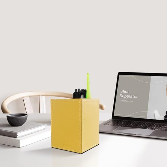 Pen Pencil Holder Cup Container PU Leather Desk Organizer Stand Decor Brush Scissor Holder Decoration Office Desk Home School (Yellow, 3.54" x 3.54" x 4.72")