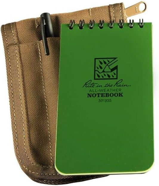 Rite in the Rain Weatherproof 3" x 5" Top-Spiral Notebook Kit: Tan CORDURA Fabric Cover, 3" x 5" Green Notebook, and an Weatherproof Pen (No. 935-KIT), Green / Tan