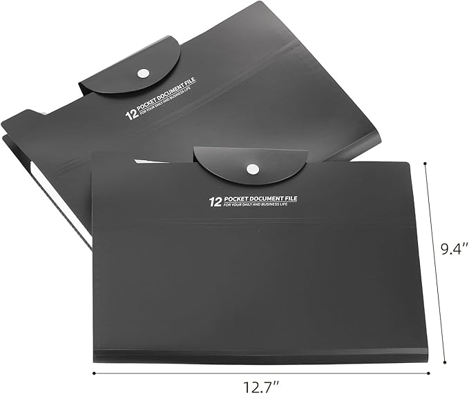 2Pcs Accordion File Organizer with 12 Pockets - Expandable File Folder for Paper, Portable Multi Pocket Folder for School Office Supplies,Black