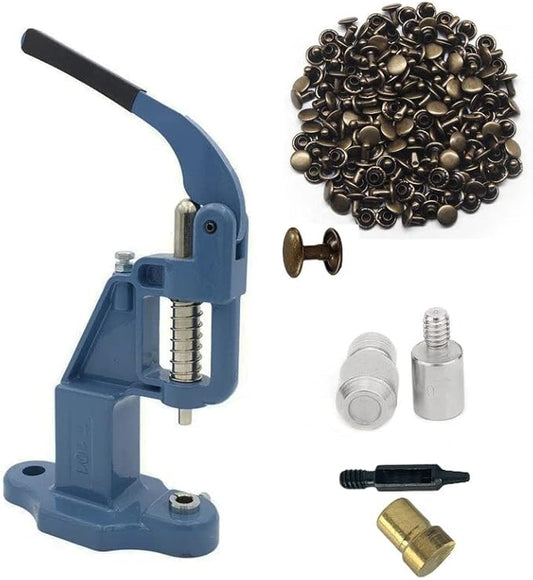 Hobby Trendy Hand Press with 1000 Sets of Iron 9mm Double Capped Rivets with Dies and Hole Punch(Blue Press,Bronze Rivets)