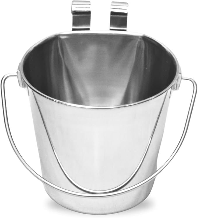 6 Quart Stainless Steel Flat Sided Bucket with Dual Hooks | Durable Food & Water Bowl for Dogs Cats Goat Sheep & Livestock | Fits kennel Cage Critter Crate Hanging Pet Pail | Multipurpose