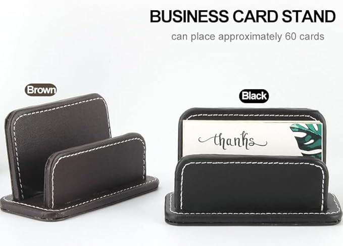 KINGFOM 3PCS/SET Desk Organizers and Accessories, Pu Leather Office Supplies Organization Set with Tissue Holder, Pencil Holder and Business Name Cards Stand Brown