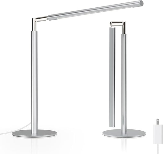 Metal Desk Lamp for Home Office - Foldable LED Table Lamp for Reading, 4 Color & 6 Brightness, 15W Dimmable Desk Light with Flexible Arm, Eye-Caring Desktop Lamp for College Dorm, Silver
