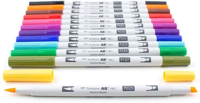 Tombow 56961 ABT PRO Alcohol Markers, Basic Palette, Set of 12 Colors - Dual Tip, Permanent Art Markers Feature Chisel and Brush Tips Perfect for Coloring, Sketching, and Illustration