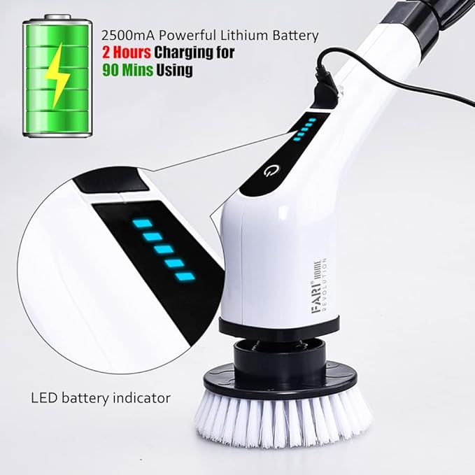 Electric Spin Scrubber, FARI Cordless Cleaning Brush with 7 Replaceable Brush Heads, Tub and Floor Tile 360 Power Scrubber Mop with Adjustable Handle for Bathroom Kitchen Car (White)
