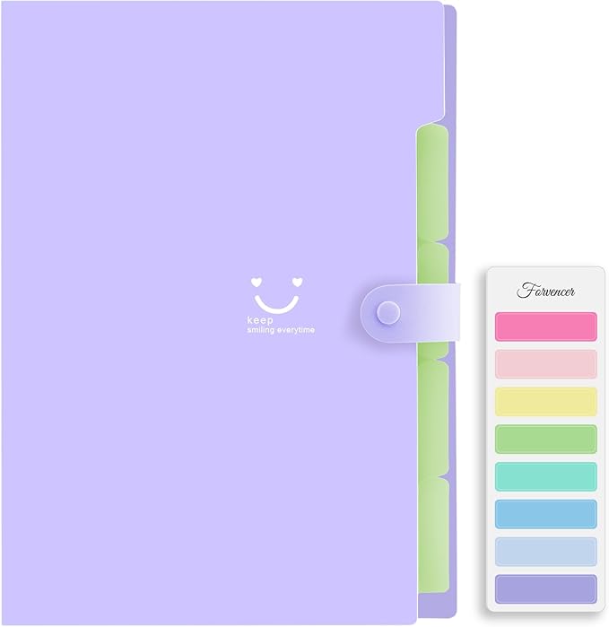 Forvencer Accordion File Organizer, Letter Size, 5 Pocket Expanding File Folder, Cute File Folder with Labels, Portable File Organizer for School Office Supplies, Folders for Documents, Purple