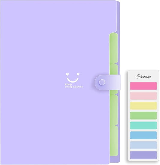 Forvencer Accordion File Organizer, Letter Size, 5 Pocket Expanding File Folder, Cute File Folder with Labels, Portable File Organizer for School Office Supplies, Folders for Documents, Purple