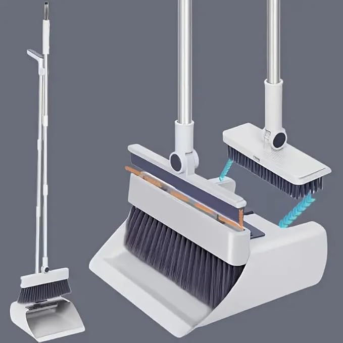 4-in-1 Broom and Dustpan Set with Floor Brush, White Stainless Steel Long Handle, Upright Standing Design for Home Office Kitchen, Squeegee Cleaning Tools Combo