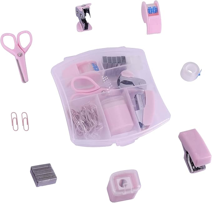 Mini Office Supply Kits Mini School Supplies – Includes Mini Stapler,Scissors, Staple Remover, Staples, Tape Dispenser (Pink)