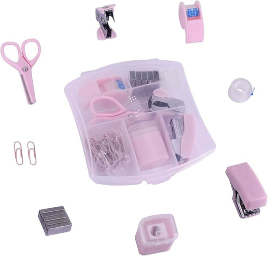 Mini Office Supply Kits Mini School Supplies – Includes Mini Stapler,Scissors, Staple Remover, Staples, Tape Dispenser (Pink)