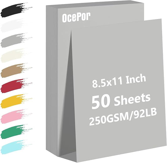 OcePor 50 Sheets Grey Cardstock Paper, Colored Printer Paper 8.5 x 11, Card Stock Thick Construction for Craft,Scrapbook，Office Printing, Invitations, Certificates，92 lb/250gsm