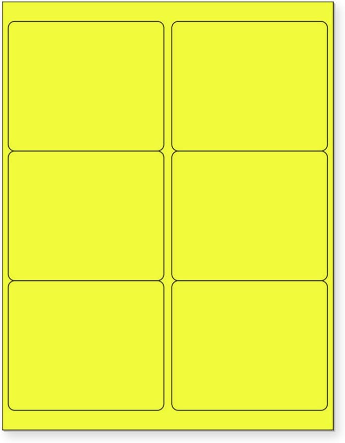 8-1/2 x 11 Neon Color High Light Fluorescent Labels for Laser & Inkjet Printer (Yellow Fluorescent, 4" x 3-1/3" - 6 Per Page | 150 Labels)