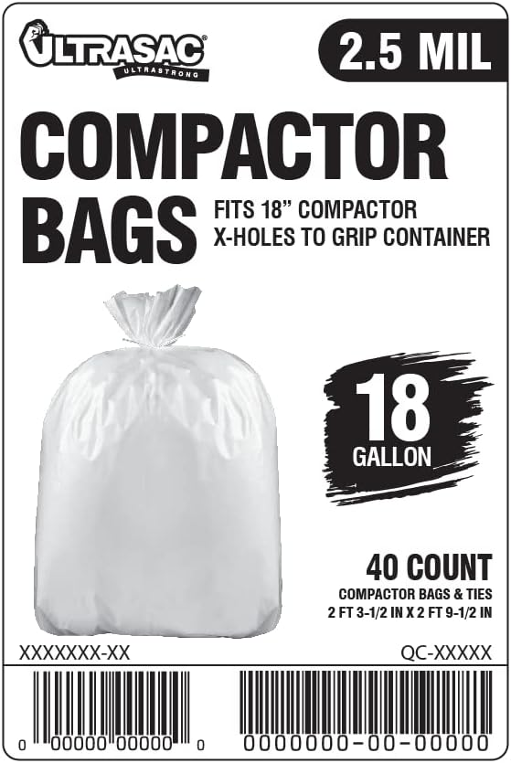 Ultrasac 18 Gallon Compactor Bags (40 Pack with Ties) For 18 Inch Compactors - 28.25" x 33.5" Heavy Duty 2.5 MIL Garbage Disposal Bags Compatible with Whirlpool