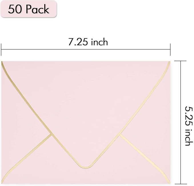 A7 Pink Envelopes 50 Pack 5 x 7 - V flap, Quick Self Seal, With Gold Border, For 5x7 Cards| Perfect for Weddings, Invitations, Photos, Graduation, Baby Shower|Thick Luxury Paper (Pink-golden border)