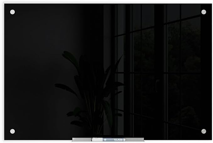 U Brands Glass Dry Erase Board, 24" x 36", Black Surface with Silver Grommets, Frameless, Includes Marker with Built-in Eraser