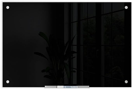 U Brands Glass Dry Erase Board, 24" x 36", Black Surface with Silver Grommets, Frameless, Includes Marker with Built-in Eraser