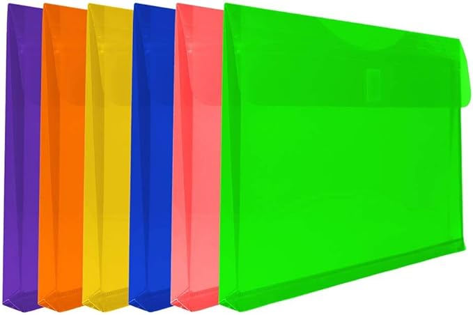 JAM PAPER Plastic Expansion Envelopes with Hook & Loop Closure - Letter Booklet - 9 3/4 x 13 with 1 Inch Expansion - Assorted Colors - 6/Pack