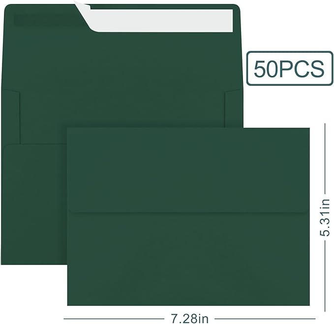 50 Pack 5x7 Envelopes, A7 Green Envelopes Self Seal, Printable Envelopes for Invitation, Baby Shower, Birthday Party, Wedding, Postcards, Mailing, Greeting Cards