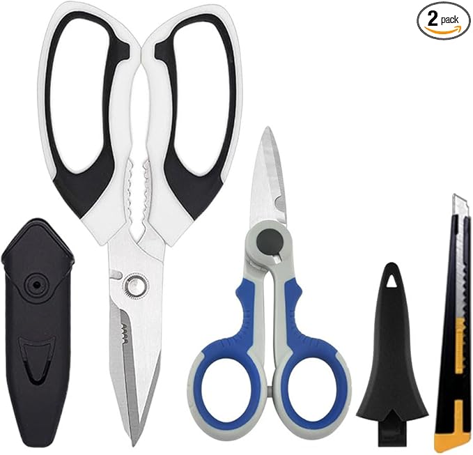 Scissors Heavy Duty Set, Ultra Sharp Stainless Steel Shears with Protective Cover, Easy Cutting Cardboard, Wires, Fabric, Leather, Iron Mesh (White)