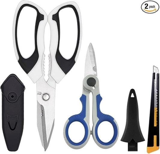 Scissors Heavy Duty Set, Ultra Sharp Stainless Steel Shears with Protective Cover, Easy Cutting Cardboard, Wires, Fabric, Leather, Iron Mesh (White)