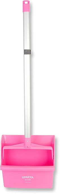 SPARTA Upright Dustpan with Aluminum Handle, Serrated Edge for Broom Combing, Secure Yoke Lock with Easy Storage Hanging Hole for Commercial Cleaning, Plastic, 30 Inches, Pink (Pack of 2)