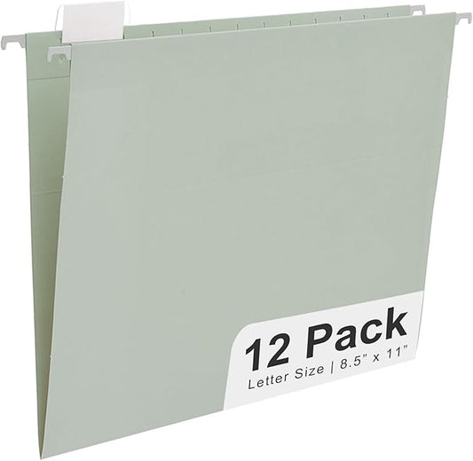 Y YOMA Letter Size - 12 Pack Colored Hanging File Folders Decorative Hanging Folder Cute Pretty File Folder for Filing Cabinet Office Home with 1/5-Cut Adjustable Tabs, Morandi Green