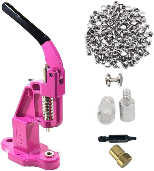 Hobby Trendy Hand Press with 1000 Sets of Iron 9mm Double Capped Rivets with Dies and Hole Punch(Pink Press,Silver Rivets)